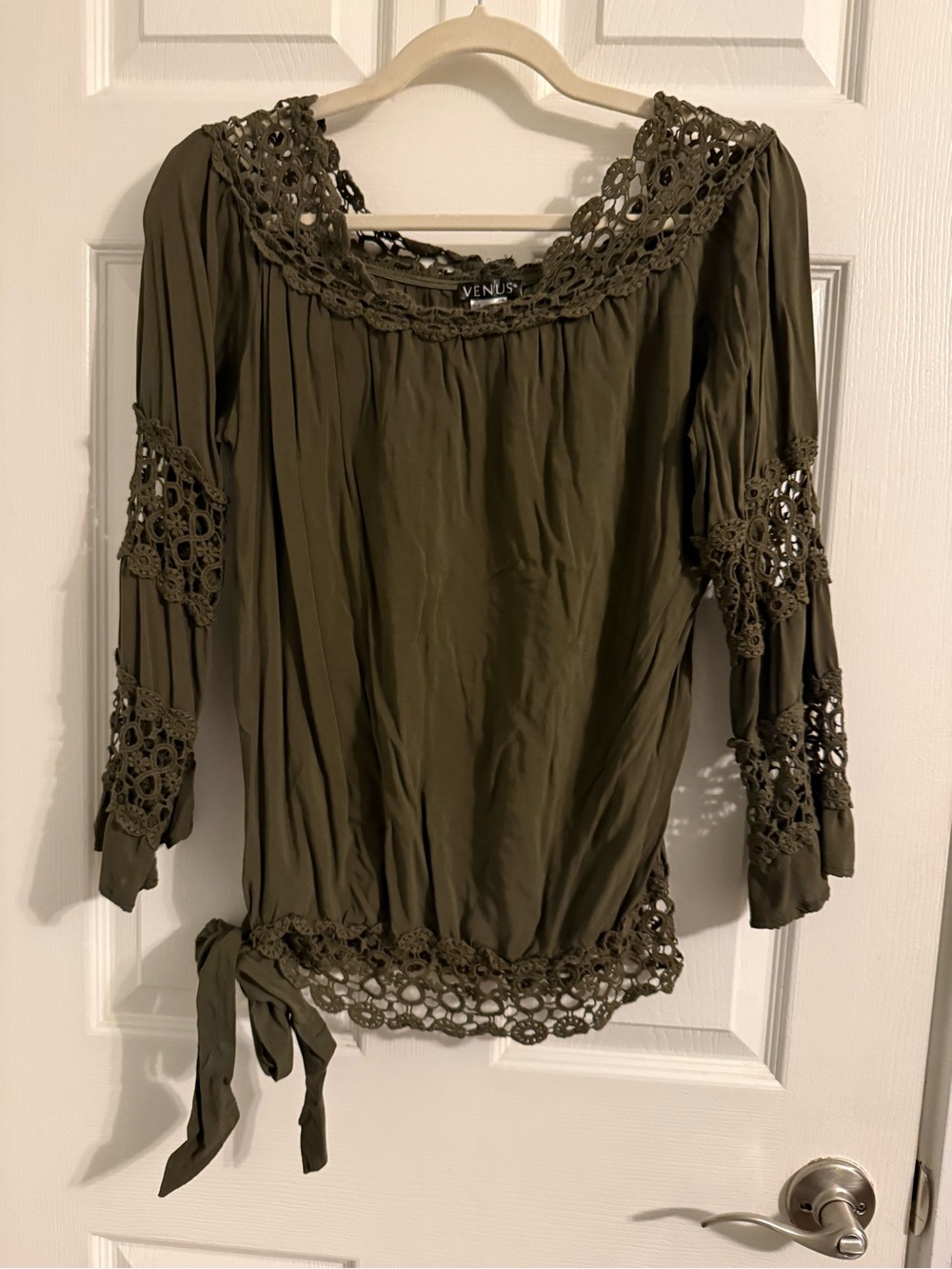 VENUS Olive Crochet-Trim Boho Peasant Tunic